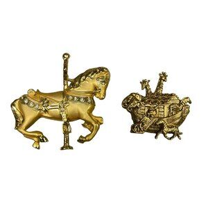 Vintage 80s Gold tone Carousel with Horse and Rhinestones and AVON Gold tone Noa